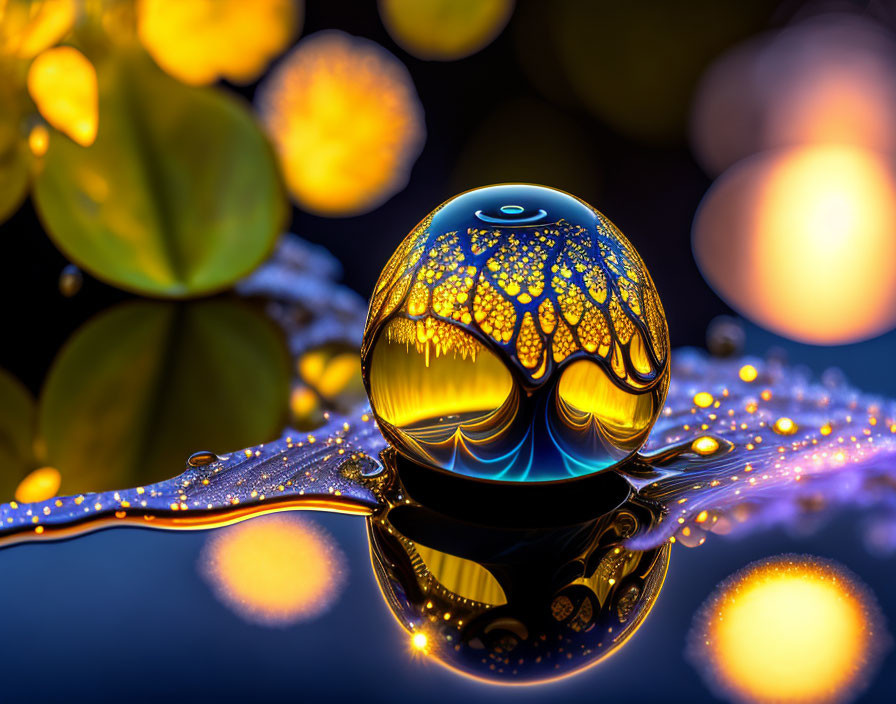 Patterned Sphere Reflecting on Water with Bokeh Light Effects