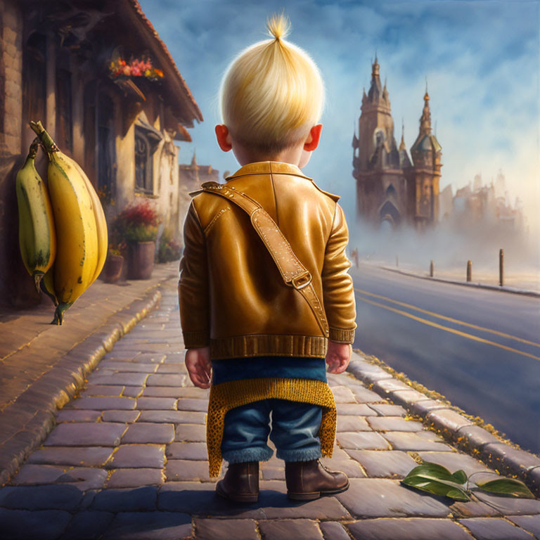 Child in brown jacket gazes at distant building in misty old-town scene