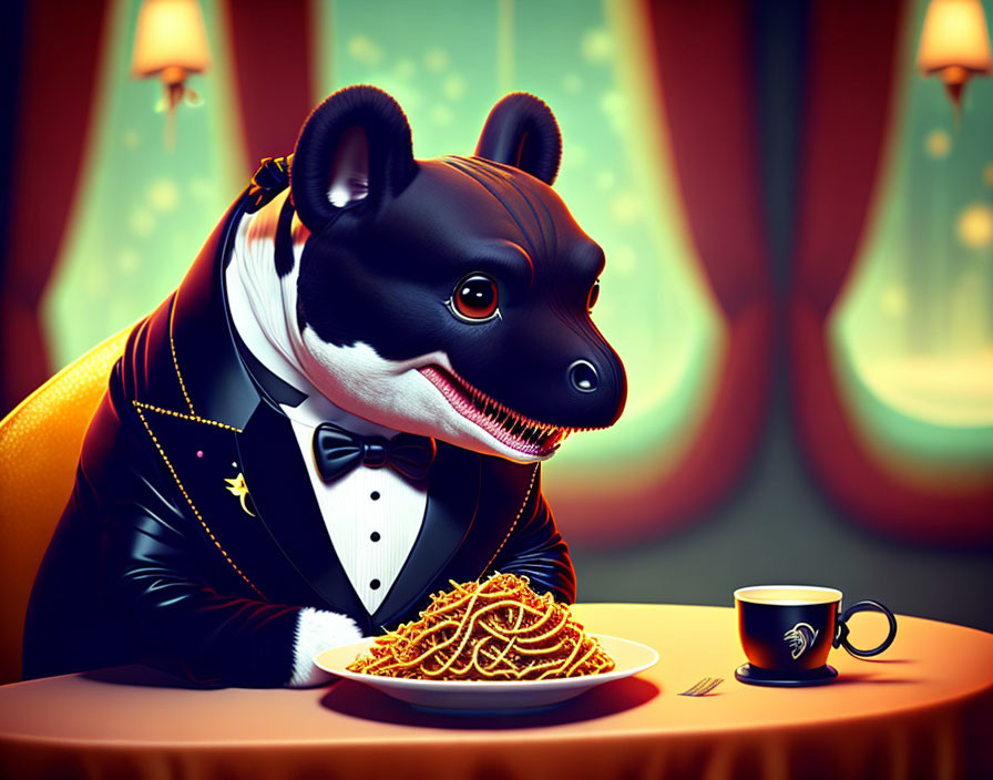 Anthropomorphic dog in tuxedo dining with spaghetti and espresso