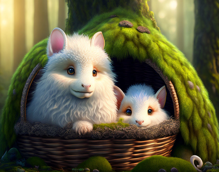 Fluffy Fantasy Creatures with Big Ears and Eyes in Moss-Covered Basket