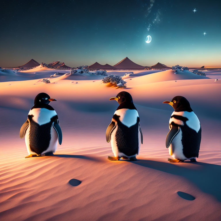 Three penguins on desert dune under crescent moon at twilight