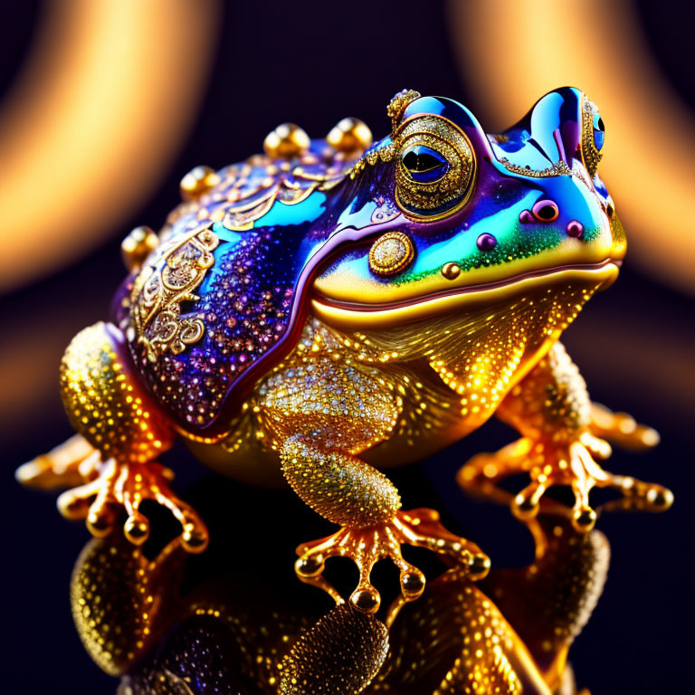 Colorful Metallic Frog with Intricate Patterns on Dark Bokeh Background