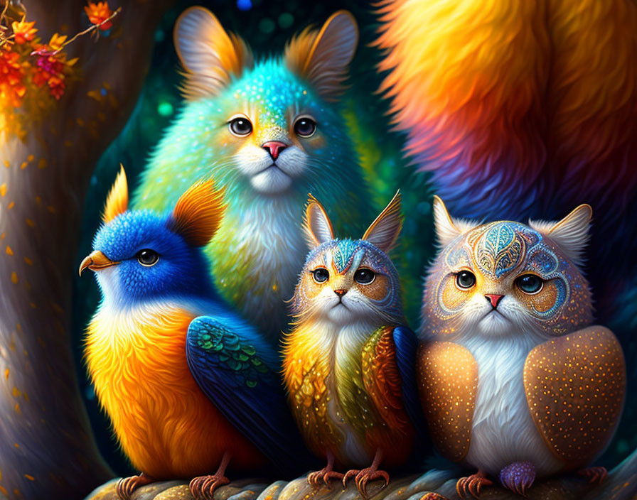 Family of cute fluffy funny weird fantasy creature
