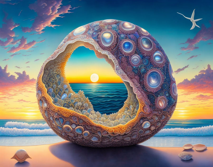 Circular ornate object with intricate patterns on a beach under a sunset sky