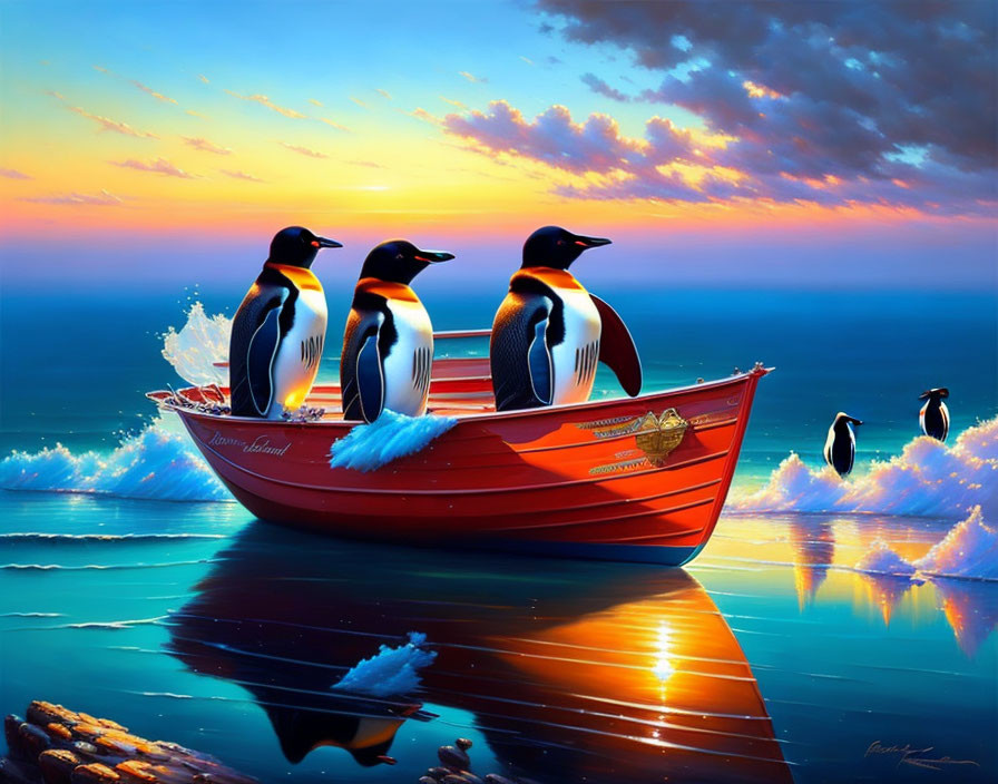 Vibrant ocean scene with three penguins in red boat and colorful skies