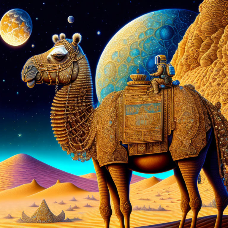 Fantasy camel illustration under multiple moons in desert landscape