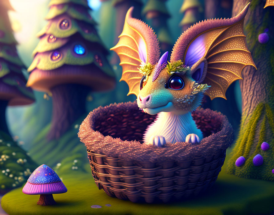 Colorful forest scene with cute dragon in basket and magical mushroom