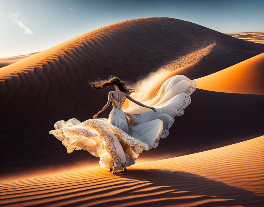 Woman in flowing white dress in serene desert landscape
