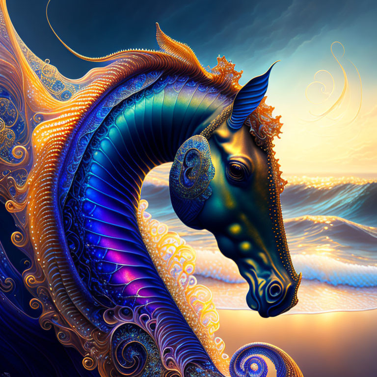 Colorful Stylized Seahorse Artwork with Ocean Waves Background