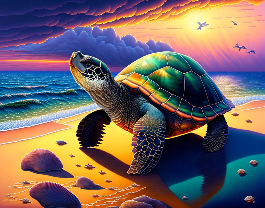 Colorful sunset beach scene with turtle, seashells, and birds