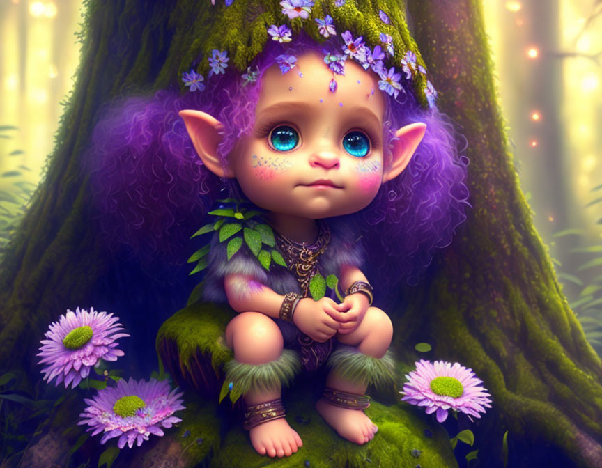 Illustration of small creature with blue eyes, purple hair, flowers, in enchanted forest