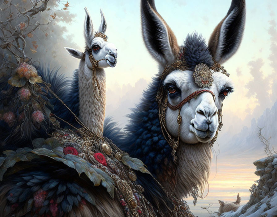 Ornately adorned llamas in serene mountain landscape