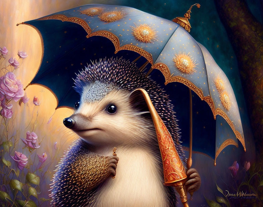  A hedgehog holding an umbrella