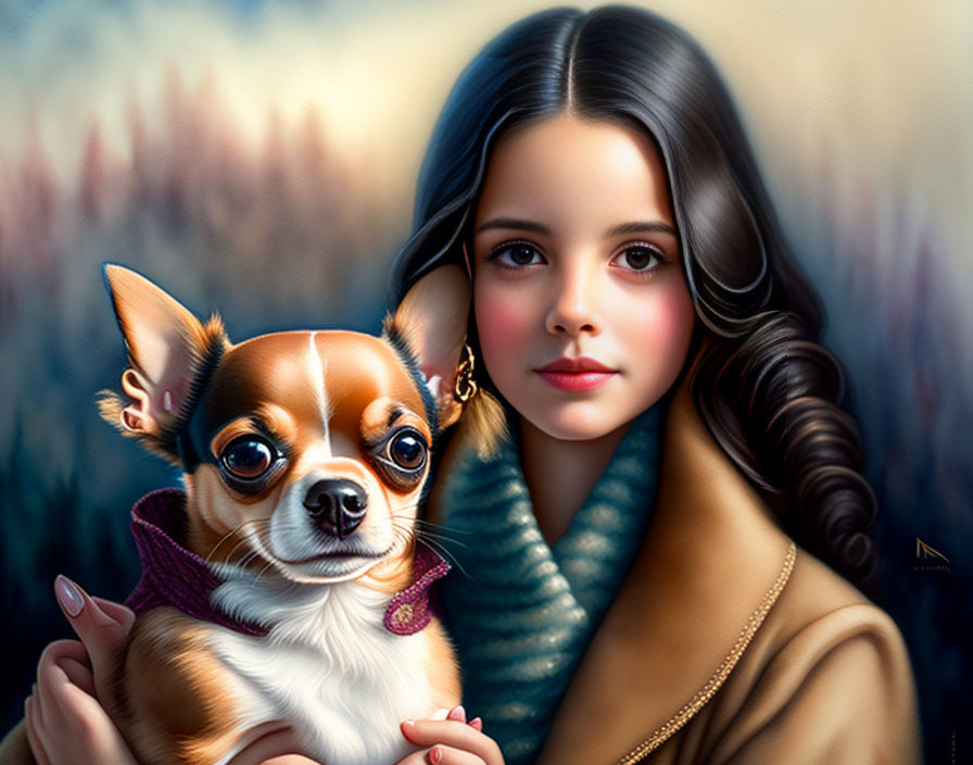 Young girl with brown hair holding Chihuahua in autumnal setting