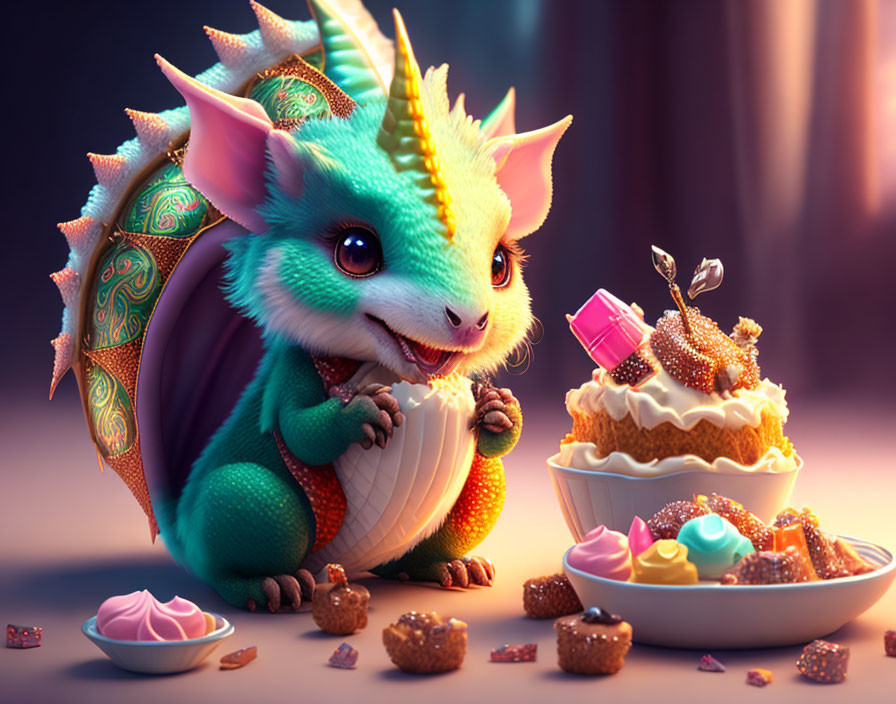 Green Cartoon Dragon Admires Dessert with Whipped Cream, Berries, and Chocolate