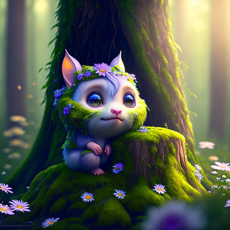 Whimsical creature with large eyes and cat-like ears in magical forest