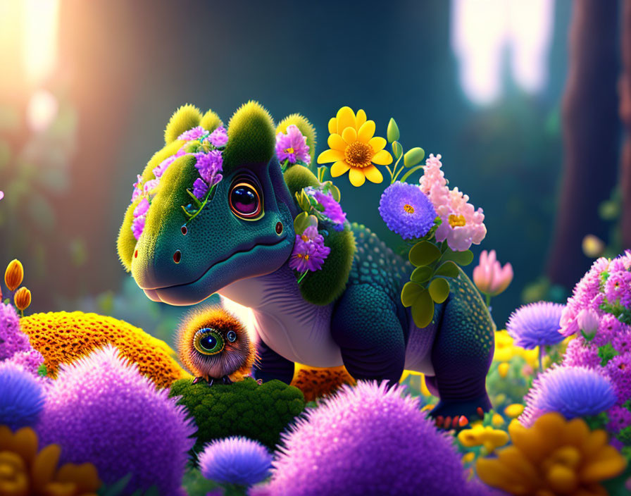 Whimsical dinosaur creature with flower-filled forest and cute owl