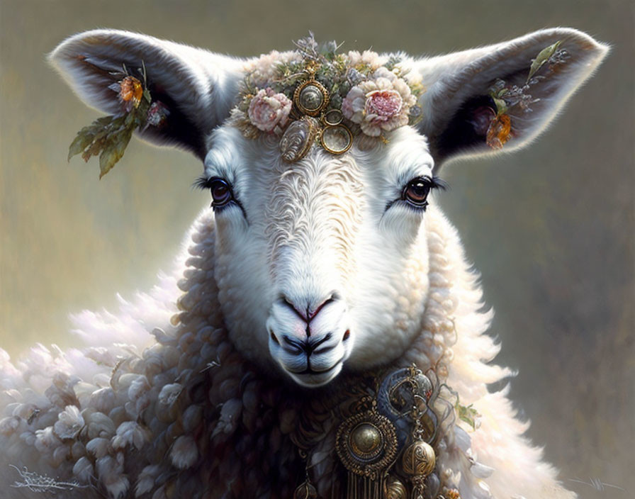 Illustrated sheep with floral and jewel headpiece: Elegant and fantasy-themed.