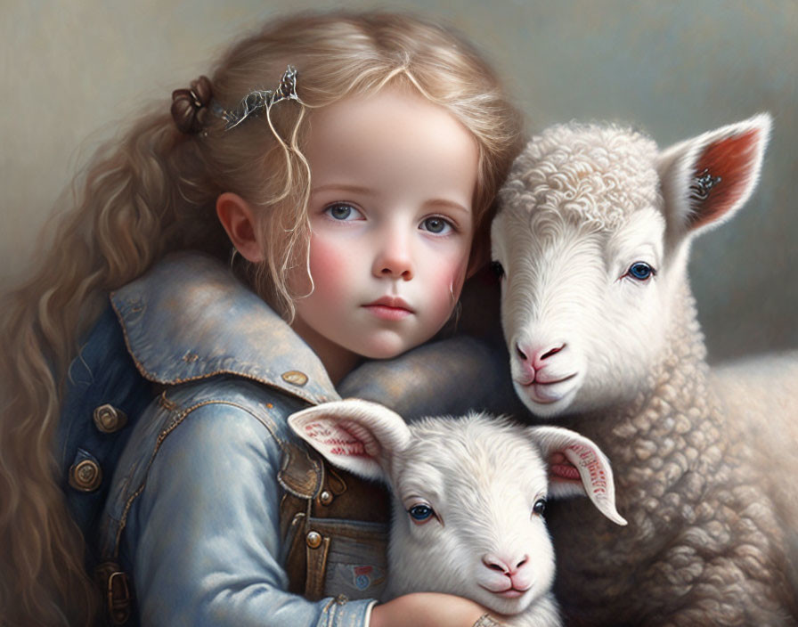 Beautiful girl cuddling baby lamb