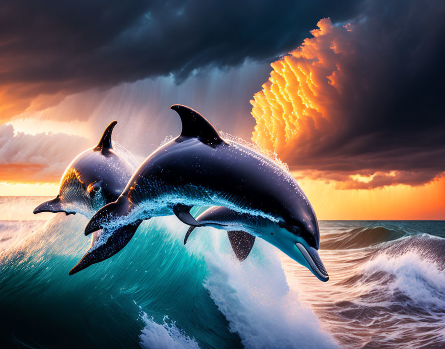 Dolphins leaping in turquoise ocean with sunset and storm clouds.
