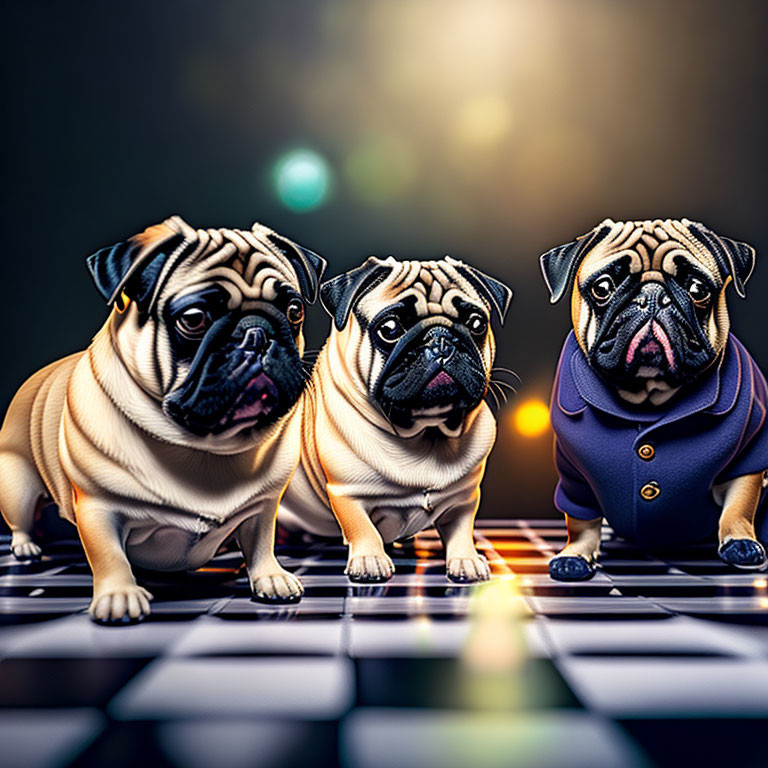 Three Pugs in Colorful Shirts on Checkered Floor