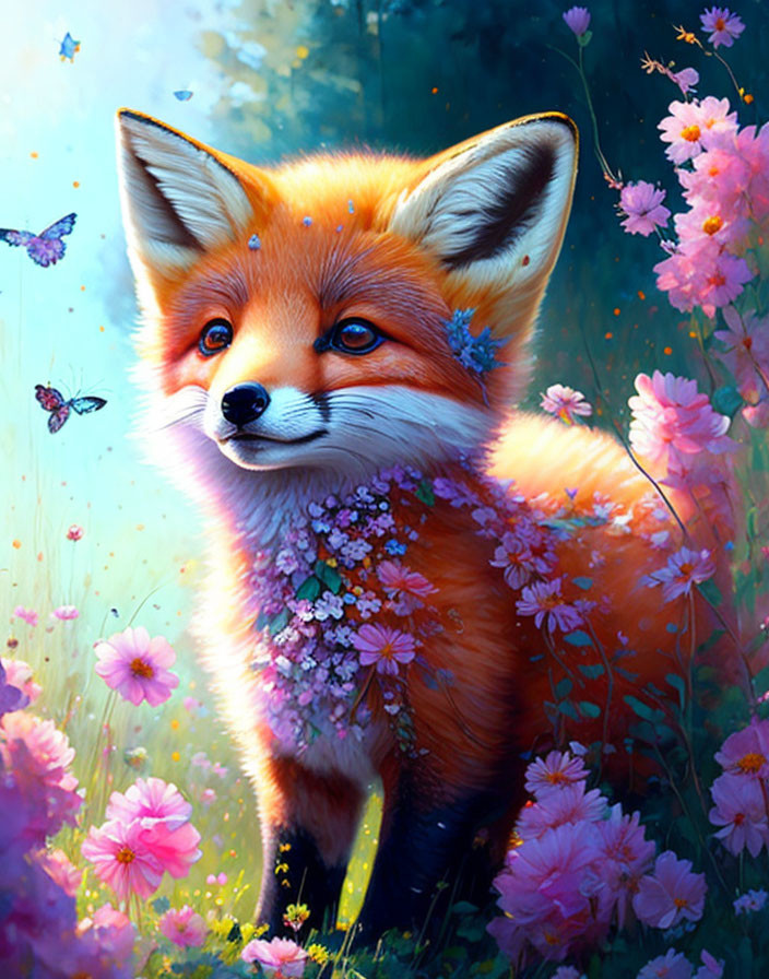 Colorful Fox with Pink Blossoms and Butterflies in Magical Forest