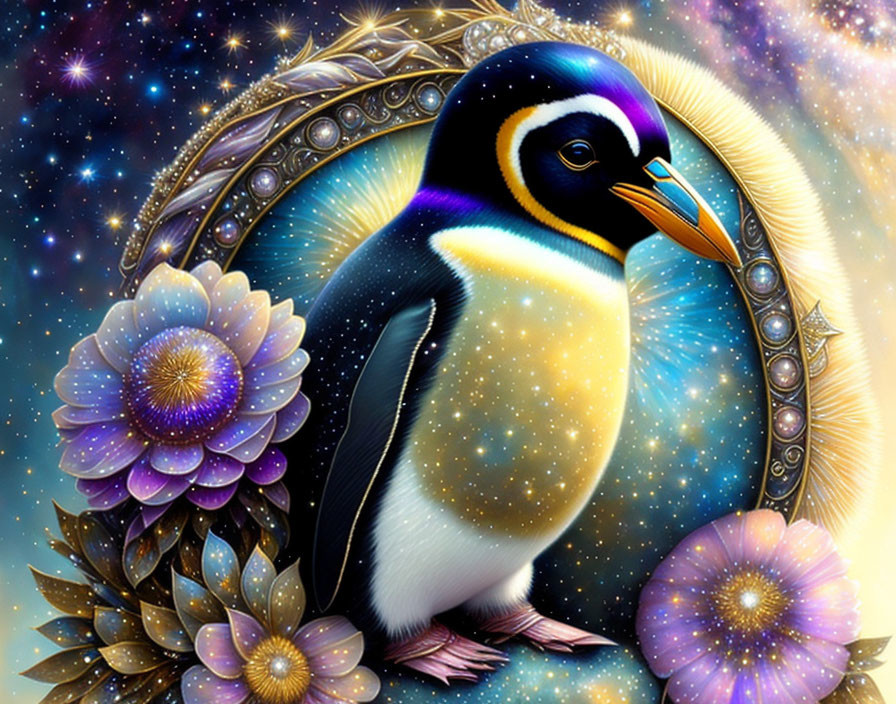 Colorful Penguin Illustration with Cosmic Background and Sparkling Flowers