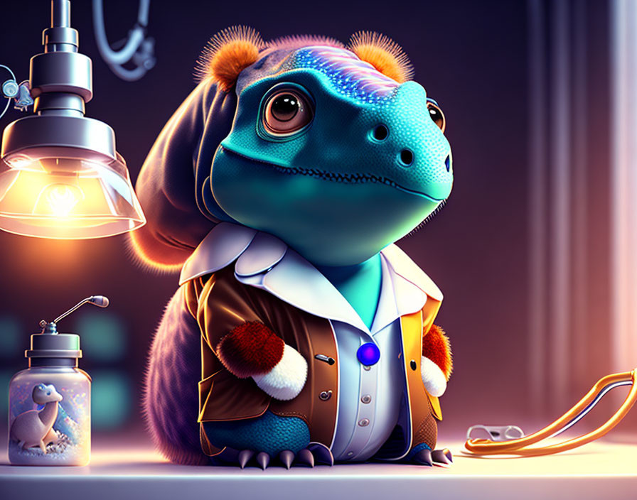 Anthropomorphic blue iguana with coat at desk with lamp, glasses, and small igu