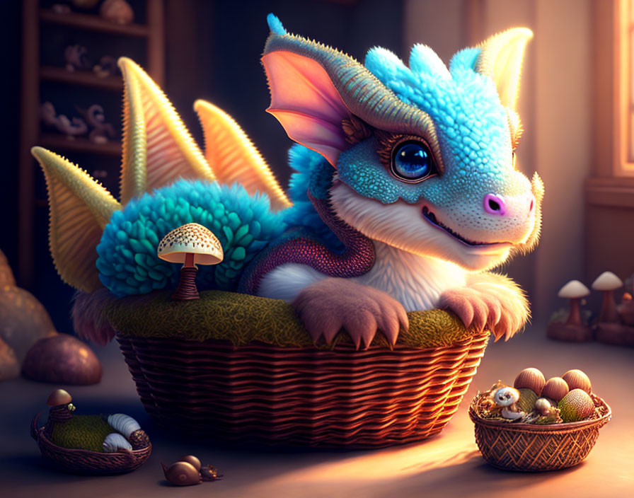 Blue dragon in wicker basket with mushrooms and snails