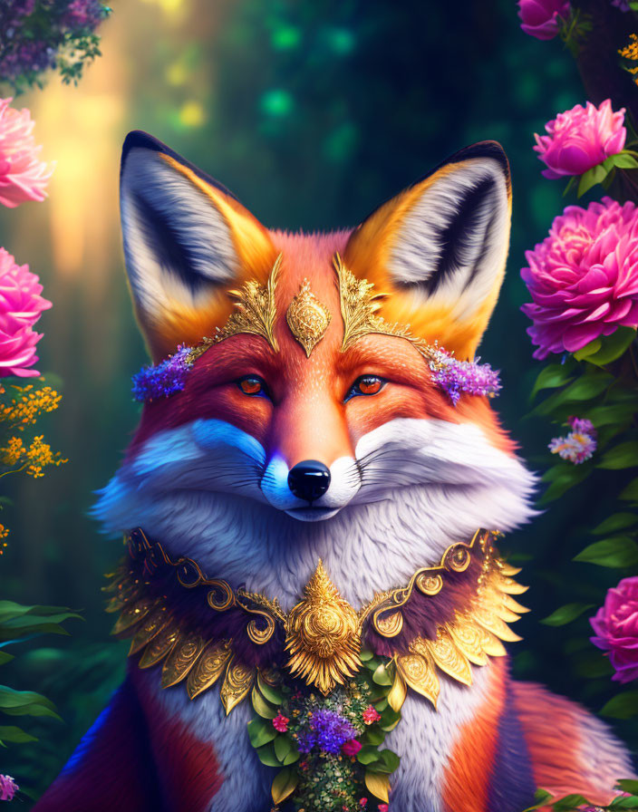 Regal Fox with Golden Headdress in Lush Flower Setting