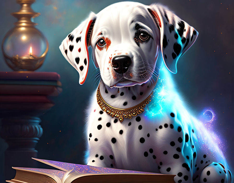 Illustration of Dalmatian Puppy with Glowing Necklace and Magical Blue Aura