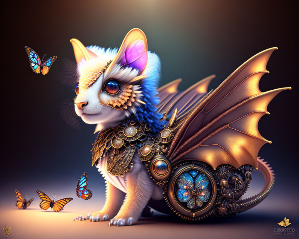 Feline Creature with Butterfly Wings in Steampunk Style