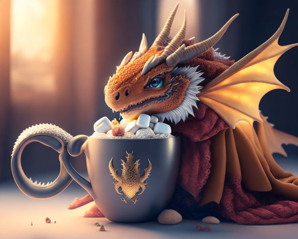 Orange Dragon in Scarf Nestled in Coffee Cup with Marshmallows