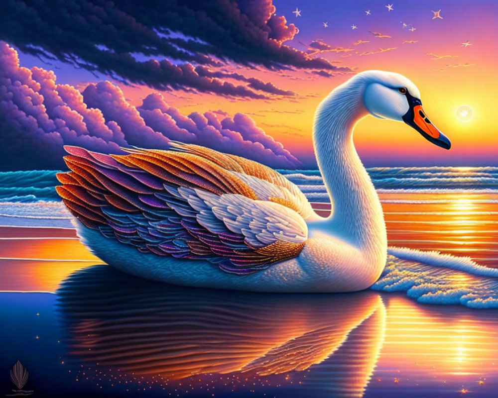 Colorful Swan on Reflective Water Surface at Sunset with Vibrant Sky