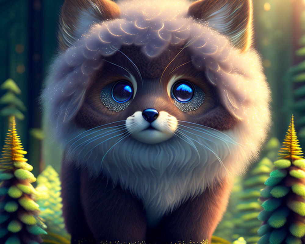 Fluffy Cat-Like Creature in Enchanting Forest with Blue Eyes