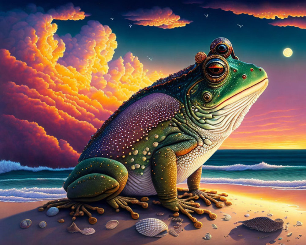 Colorful surreal illustration: large frog with intricate patterns on beach at sunset