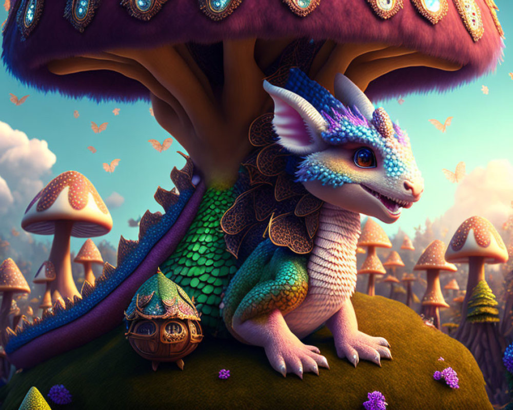 Colorful Smiling Dragon Artwork Under Giant Mushroom