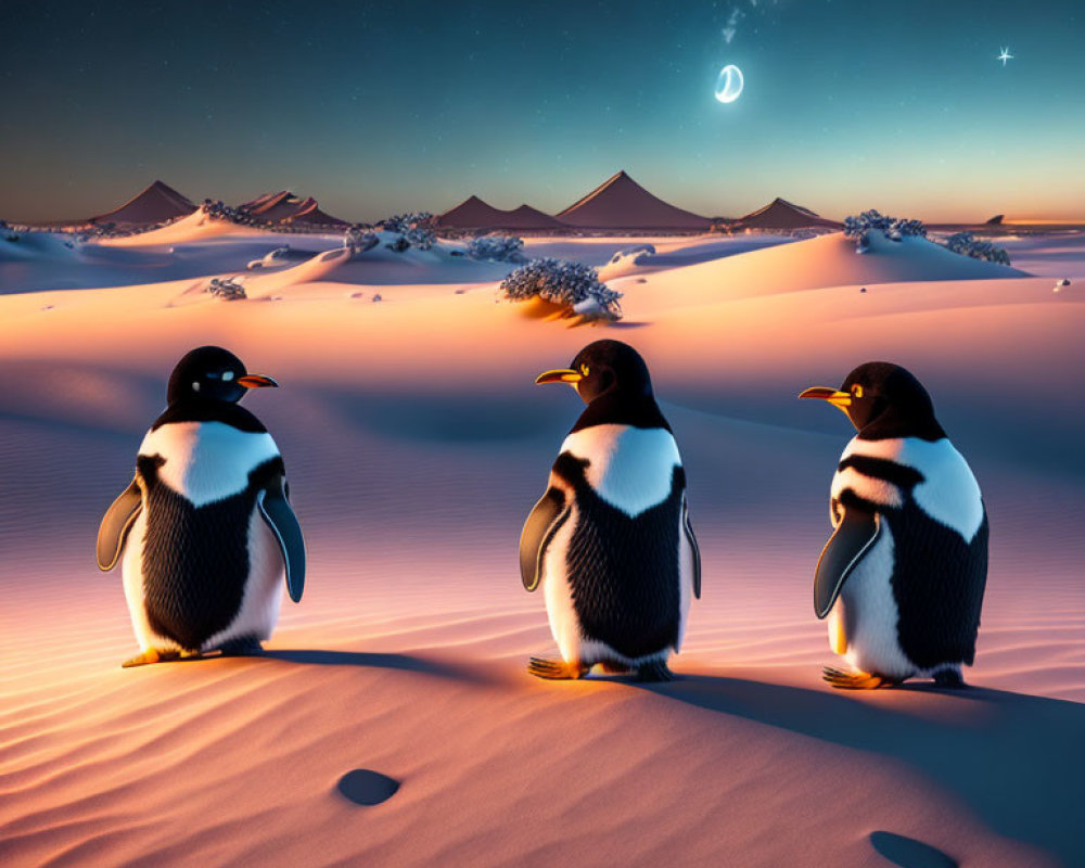 Three penguins on desert dune under crescent moon at twilight