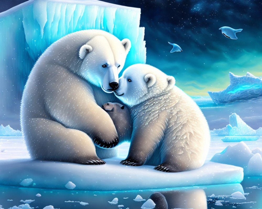 Polar bears embracing on ice floe under starry night sky
