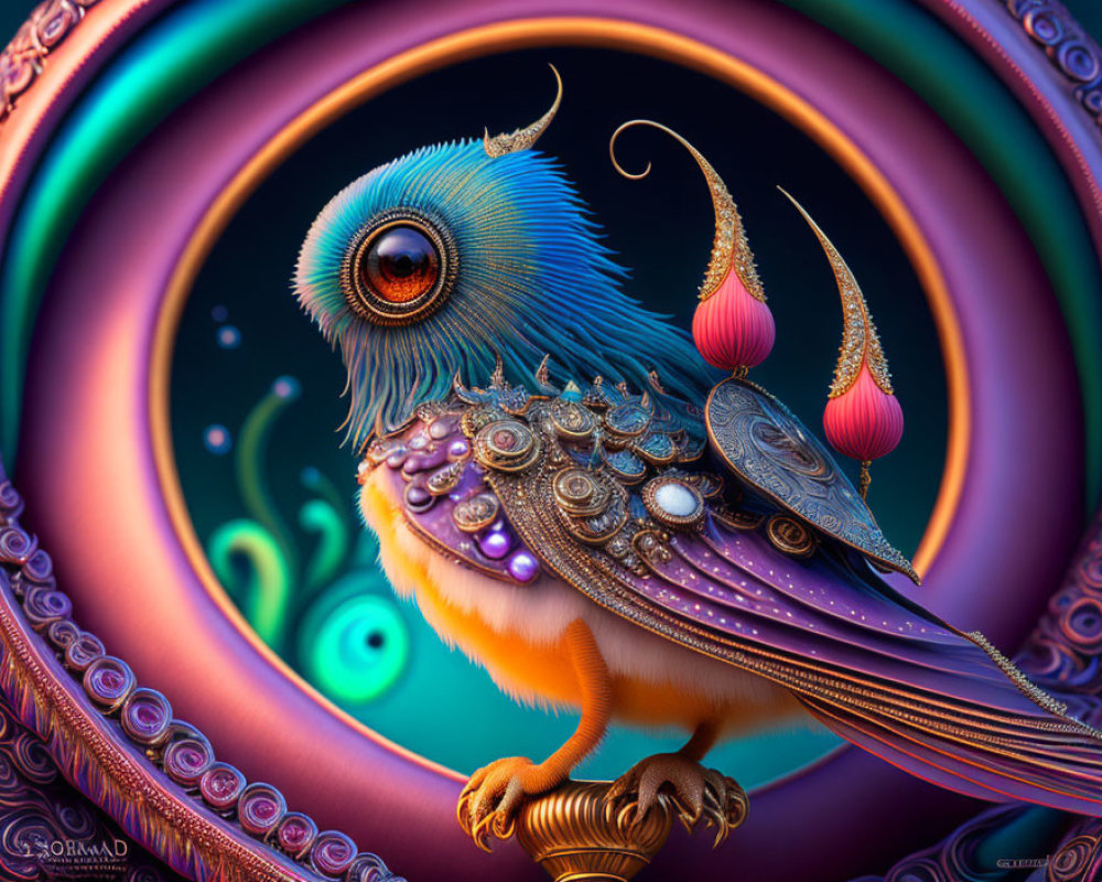 Colorful surreal bird illustration with intricate patterns and jewel-like textures