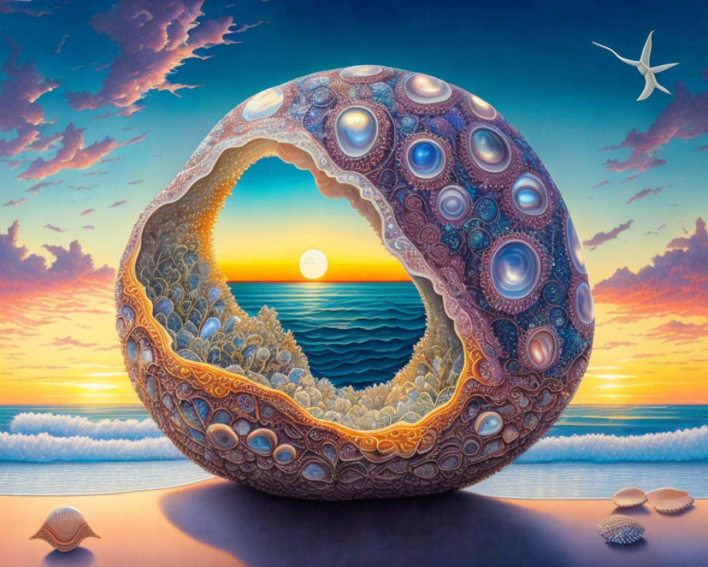 Circular ornate object with intricate patterns on a beach under a sunset sky