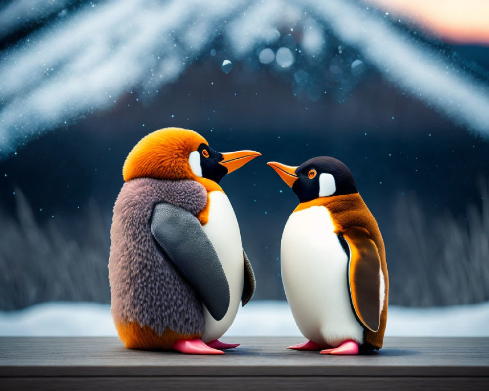 Cartoon penguins standing in snowy backdrop with soft glow