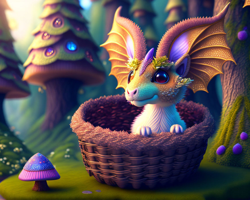 Colorful forest scene with cute dragon in basket and magical mushroom