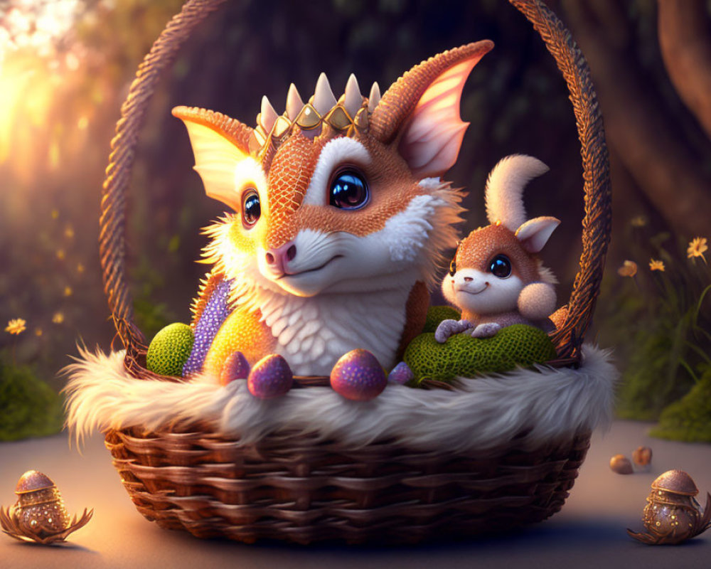 Illustration of dragon, squirrel, eggs, and glowing light in wicker basket