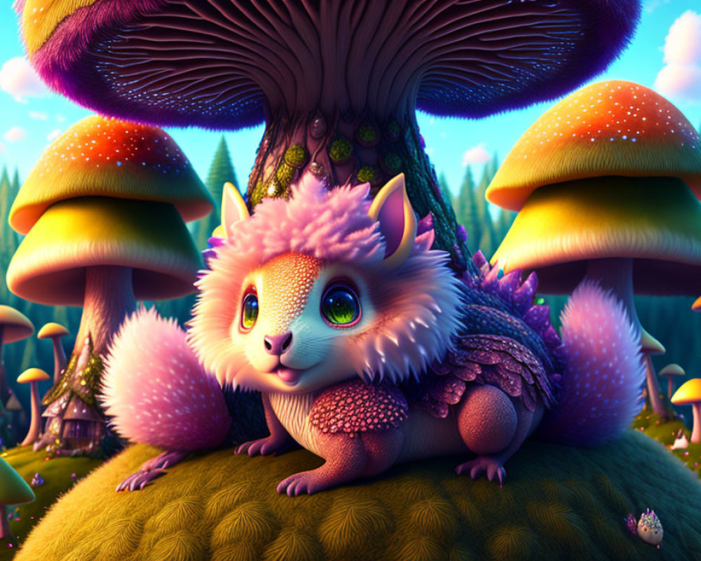 Colorful Illustration: Fluffy Creature on Mossy Hillock in Enchanted Forest