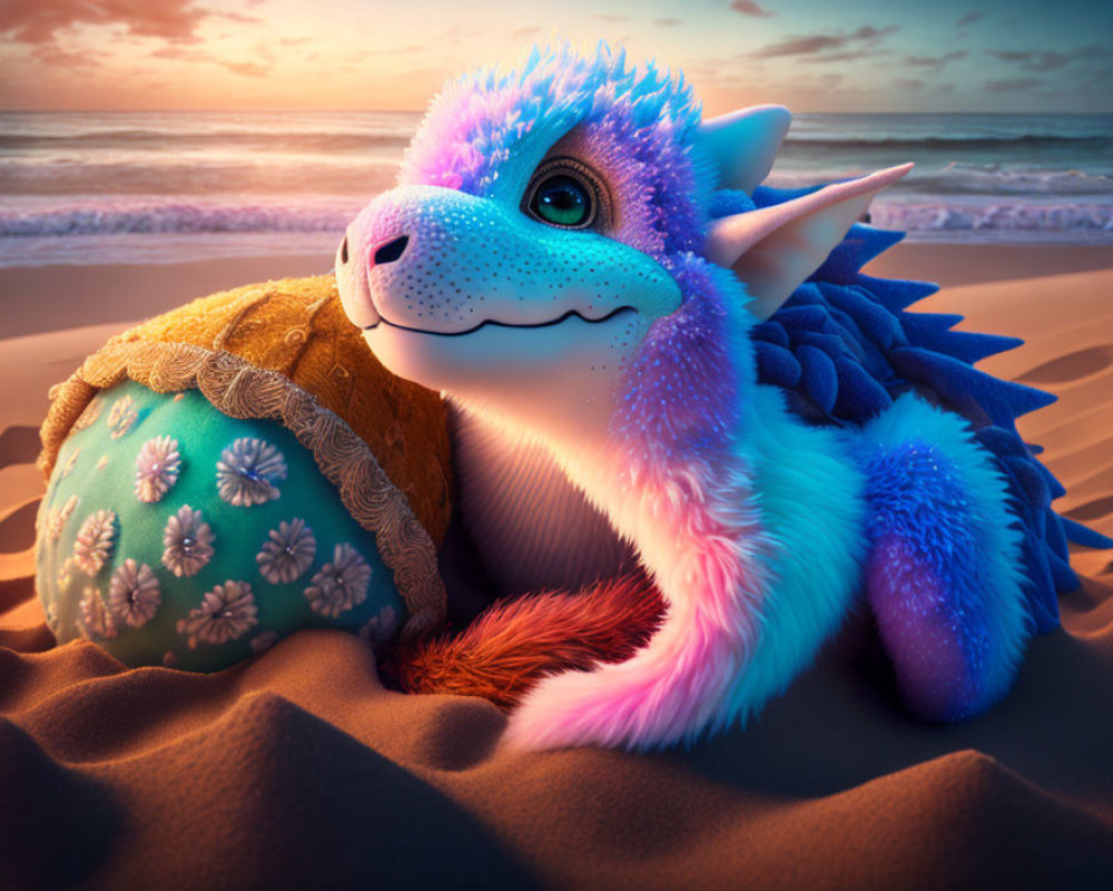 Colorful dragon-like creature cuddles beside patterned egg on sandy beach at sunset