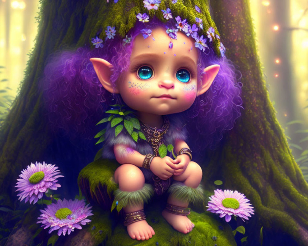 Illustration of small creature with blue eyes, purple hair, flowers, in enchanted forest
