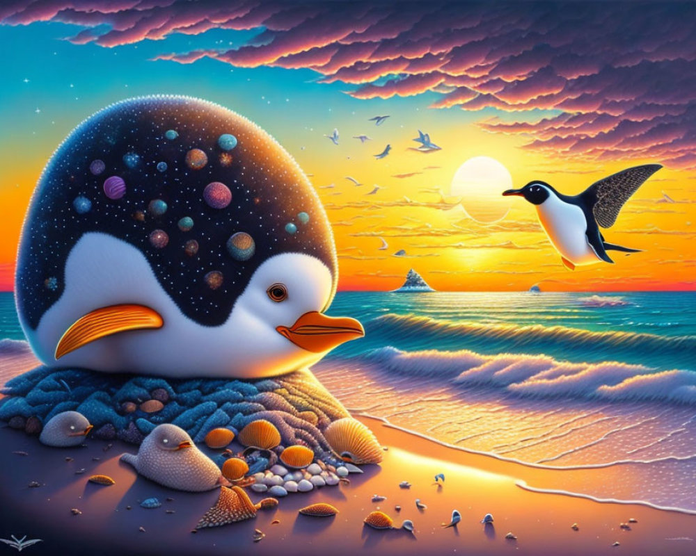 Surreal illustration of round galaxy penguin on beach at sunset