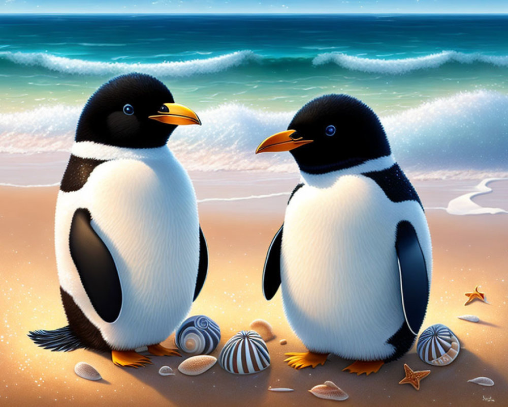 Illustrated penguins on sandy beach with seashells and waves