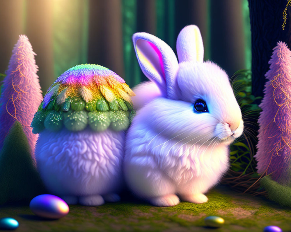 Whimsical white rabbit with colorful eggshell in enchanted forest